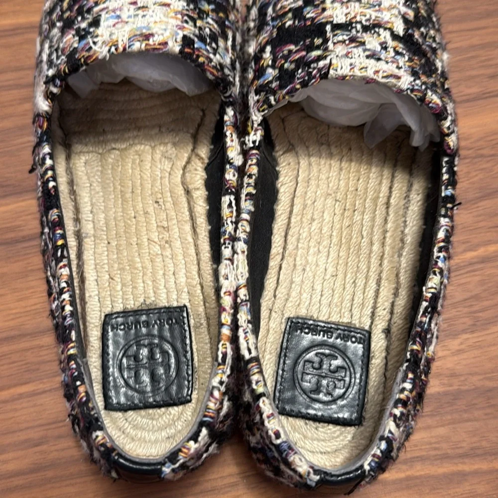 Tory Burch Black Leather Tweed Espadrille Shoes size 9.5